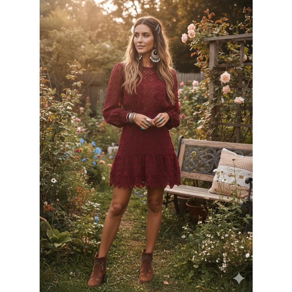 Lulus Bohemian Dream Burgundy Swiss Dot Lace Mini Dress XS